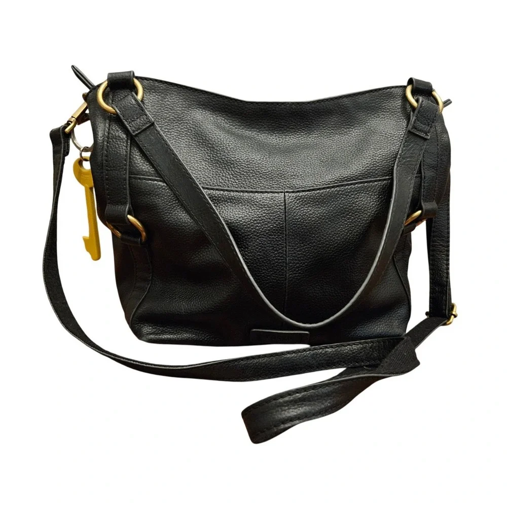 Fossil Black Sam Leather Shopper Crossbody Hobo Bag Brass Hardware Key Charm